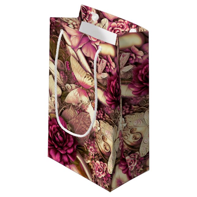 Dekorative Kollagenschmetterlinge und Rose Kleine Geschenktüte (Vorderseite Schrägansicht)