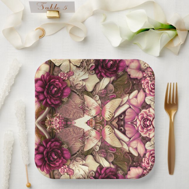 Dekorative Kollagenschmetterlinge und Rose Pappteller (Hochzeit)