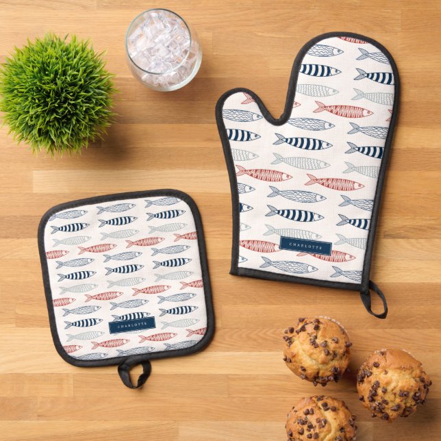 Dekorative mediterrane Sardinen Fisch Individuelle Ofenhandschuh & Topflappen-Set (Oben Unten)