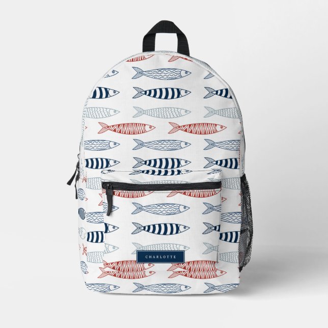 Dekorative mediterrane Sardinen Fischmuster Bedruckter Rucksack (Vorderseite)