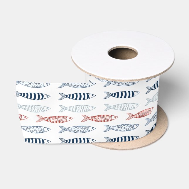 Dekorative mediterrane Sardinen Fischmuster Satinband (Spule)