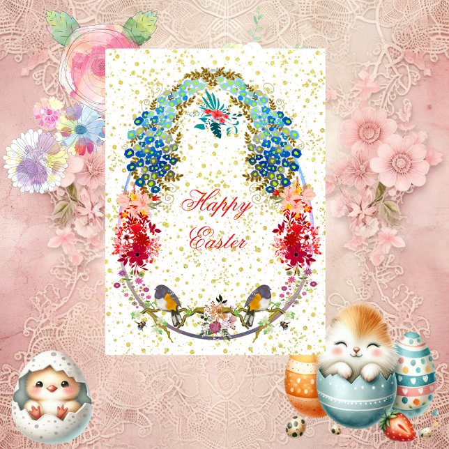 Dekorative Ostereier Vögel Blumengrüße Feiertagskarte (Decorative Happy Easter Eggs Birds Floral Greeting Holiday Card)