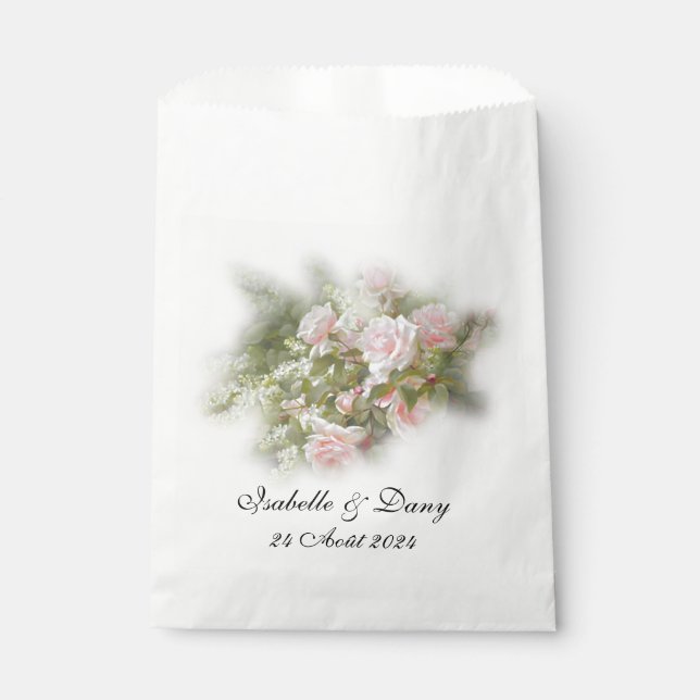 Dekorative Papierbeutel mit rosafarbenem Motiv. Geschenktütchen (Vorderseite)