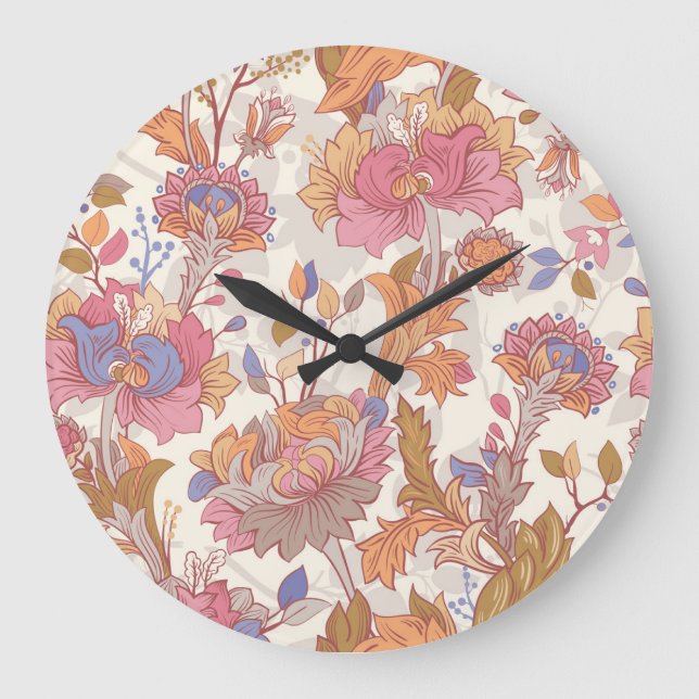 Dekorative Pfannkuchen: farbenfrohe Blumenmuster. Große Wanduhr (Vorderseite)