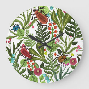 Dekorative Pflanze und Insekten: Nahtloses Design. Große Wanduhr