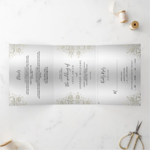 Dekorative romantische Silver Damask Hochzeit Dreifach Gefaltete Einladung