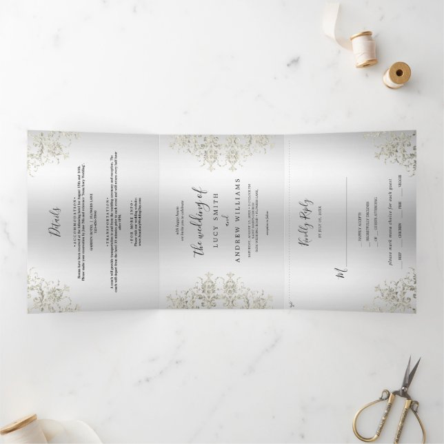 Dekorative romantische Silver Damask Hochzeit Dreifach Gefaltete Einladung (Innenseite)