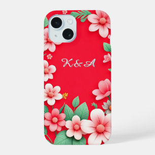 Dekorative rosa Blumen und grüne Blätter iPhone 15 Hülle