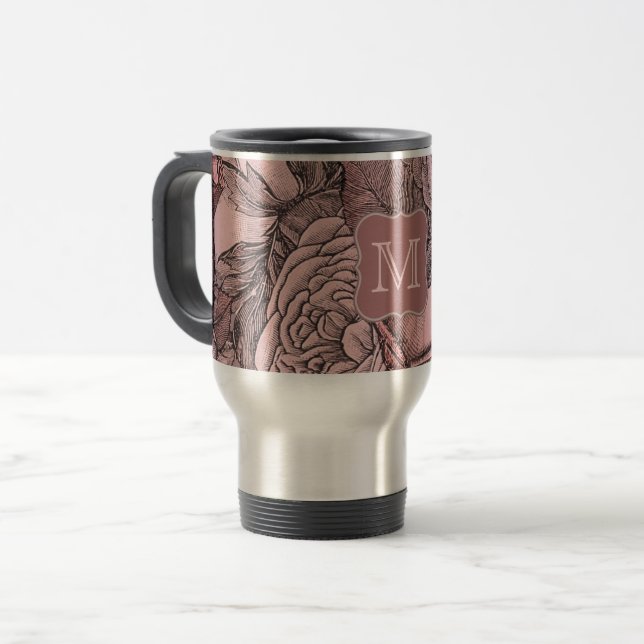 Dekorative Rose Rosa Monogramm Reisebecher (Vorderseite Links)