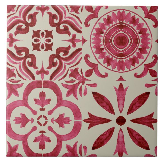 Dekorative rote Azulejo-Fliesen-Patchwork-Muster Fliese (Vorderseite)