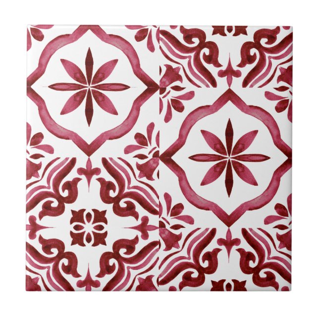 Dekorative rote Azulejo-Fliesen-Patchwork-Muster Fliese (Vorderseite)
