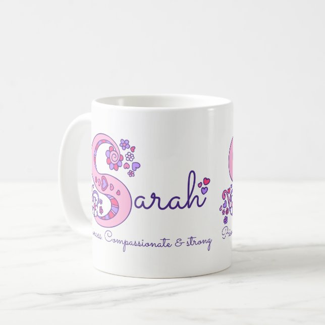 Dekorative S Monogramm-Tasse Sarahnamensbedeutung Kaffeetasse (Vorderseite Links)