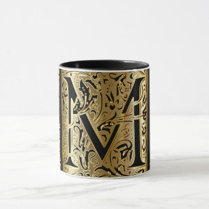 Dekorative schwarze und goldene Buchstaben M Kaffe Tasse