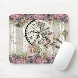 Dekorative Vintage-Uhr Blumen und Vögel rosa Mousepad