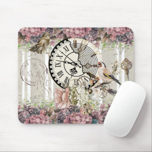 Dekorative Vintage-Uhr Blumen und Vögel rosa Mousepad