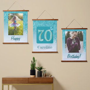 Dekorativer Aquamariner Glitzer 2 Fotos 70. Geburt Wandteppich Mit Holzrahmen