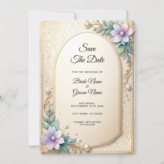 Dekorativer Blumenrahmen mit Perlen Save The Date (Vorderseite)