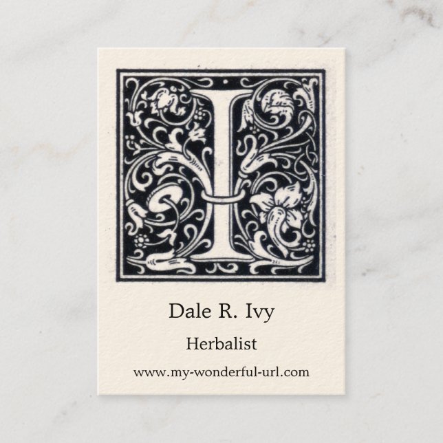 Dekorativer Buchstabe "ich" Holzschnitt Woodblock Visitenkarte (Vorderseite)