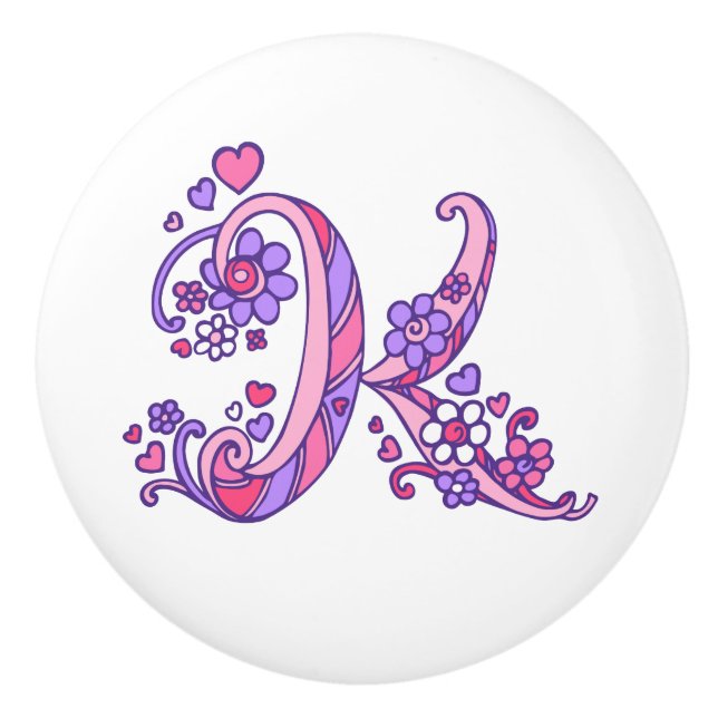 Dekorativer Buchstabe K, monogramm, rosa, lila Kno Keramikknauf (Vorderseite)