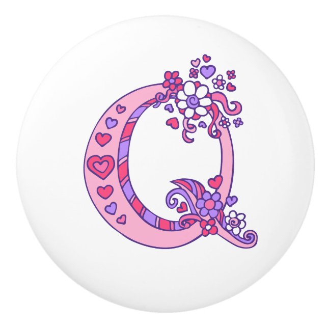 Dekorativer Buchstabe Q Monogramm rosa lila Pulskn Keramikknauf (Vorderseite)