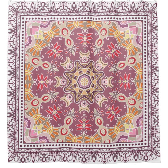 Dekorativer, farbenfroher Dekor auf weißem Hinterg Duschvorhang (Vorderseite)