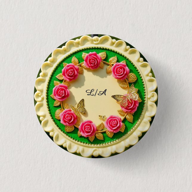 Dekorativer grüner Randteller mit rosa Rose Button (Vorderseite)