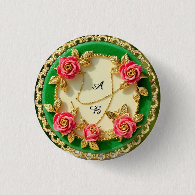 Dekorativer grüner Randteller mit rosa Rose Button (Vorderseite)