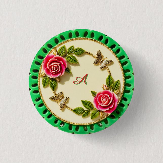 Dekorativer grüner Randteller mit rosa Rose Button (Vorderseite)