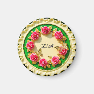 Dekorativer grüner Randteller mit rosa Rose Magnet