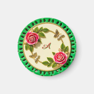 Dekorativer grüner Randteller mit rosa Rose Magnet