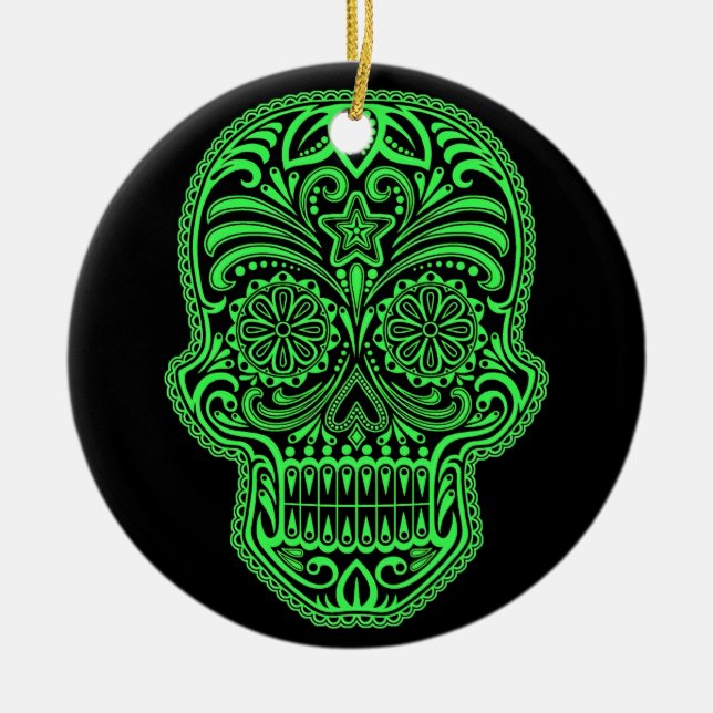 Dekorativer grüner und schwarzer Zuckerschädel Keramik Ornament (Vorne)