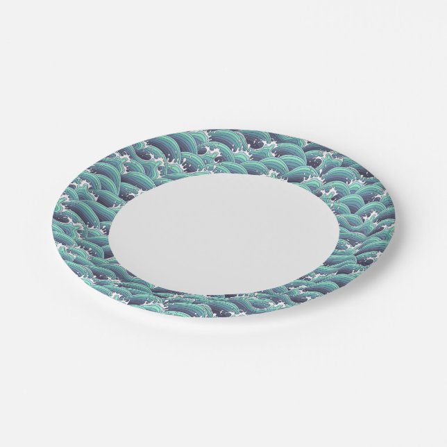 Dekorativer Meereswellenhintergrund Pappteller (Schrägansicht)