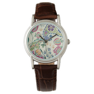 Dekorativer Pfau und bunte Blumen Armbanduhr