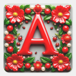 🐞 Dekorativer roter Buchstabe A Marienkäfer Mohn  Quadratischer Aufkleber