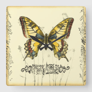 Dekorativer Schmetterling mit Wildblumen Quadratische Wanduhr