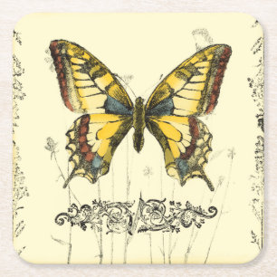 Dekorativer Schmetterling mit Wildblumen Rechteckiger Pappuntersetzer