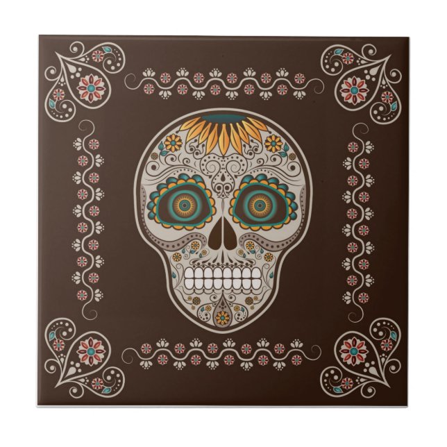 Dekorativer Sonnenblumeschädel Dia de Los Muertos Fliese (Vorderseite)