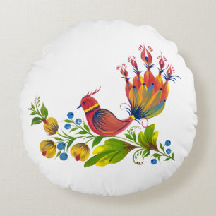 Dekorativer Vogel mit Blumen und Beeren Rundes Kissen