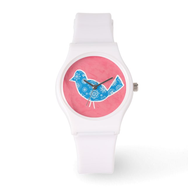 Dekorativer Vogel mit Mustern auf rosa Hintergrund Armbanduhr (Vorderseite)