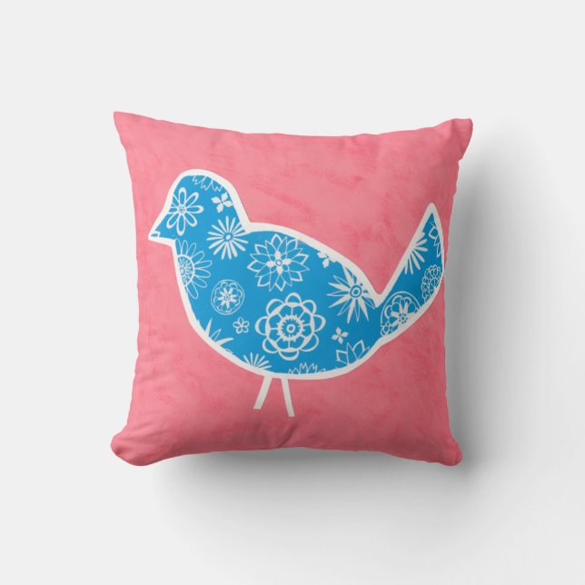 Dekorativer Vogel mit Mustern auf rosa Hintergrund Kissen (Vorderseite)