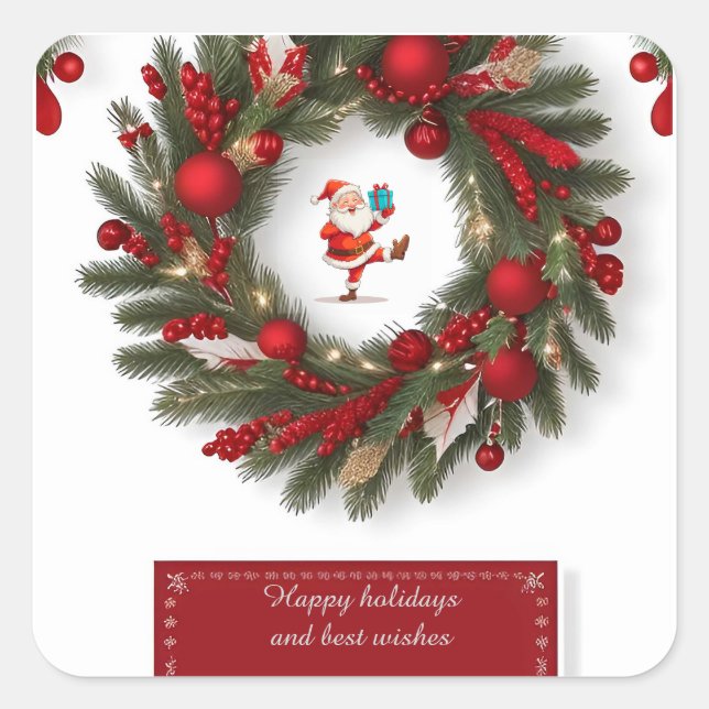 Dekorativer Weihnachtskranz mit roten Ornamenten Quadratischer Aufkleber (Vorderseite)