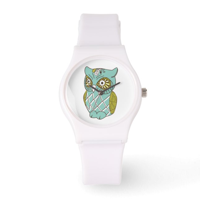 Dekoratives Aquamarines Retro-Muster Owl Armbanduhr (Vorderseite)