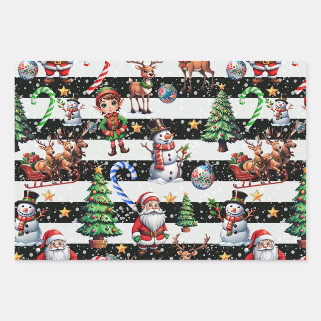 Dekoratives Design der Weihnachtsstreifen Geschenkpapier Set (Vorderseite)