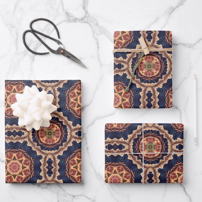 Dekoratives Design von Blume und Sternen Geschenkpapier Set (Vorderseite)