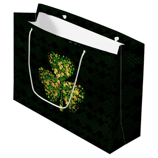 Dekoratives irisches Kleeblatt - Klee-Gold und Große Geschenktüte (Vorderseite Schrägansicht)