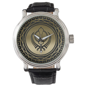 Dekoratives Khanda-Symbol Gold auf schwarz Armbanduhr
