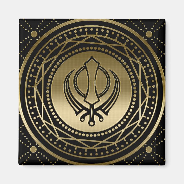 Dekoratives Khanda-Symbol Gold auf schwarz Magnet (Vorne)