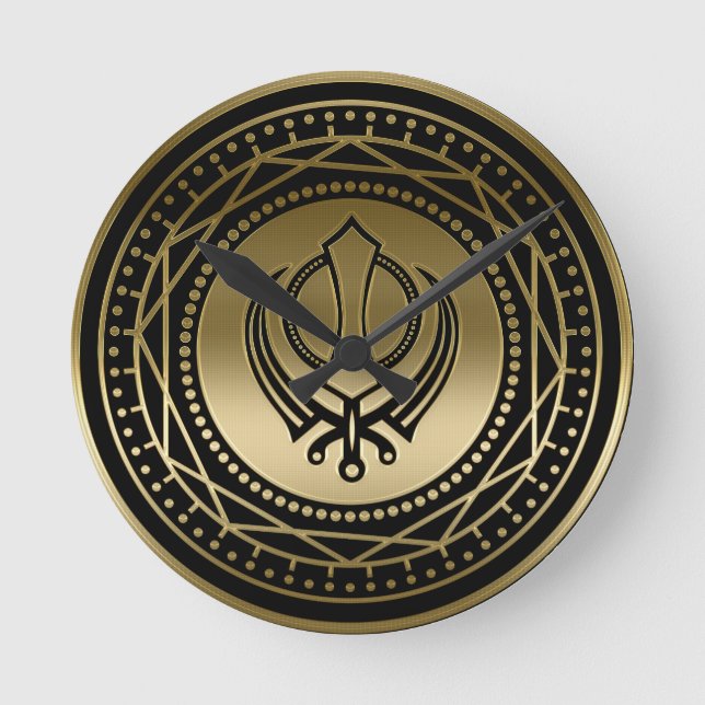 Dekoratives Khanda-Symbol Gold auf schwarz Runde Wanduhr (Vorderseite)