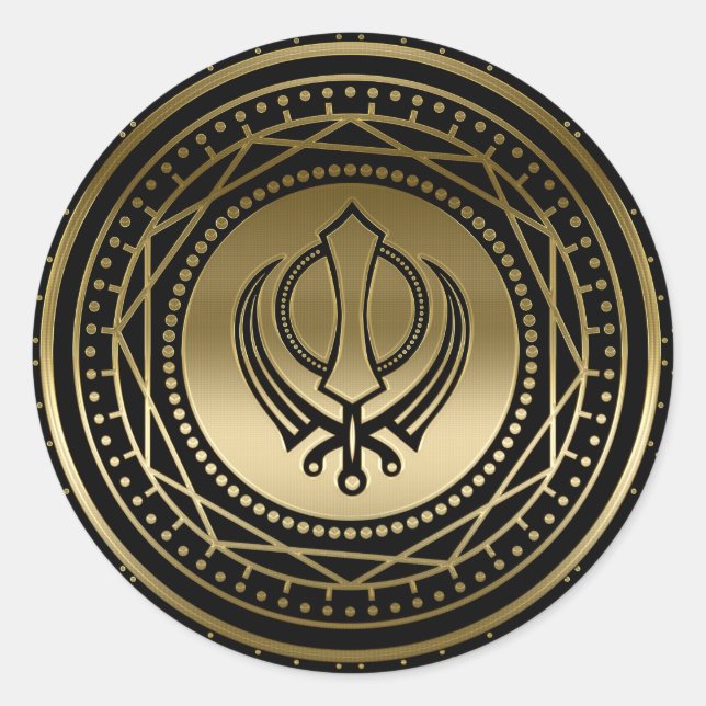 Dekoratives Khanda-Symbol Gold auf schwarz Runder Aufkleber (Vorderseite)