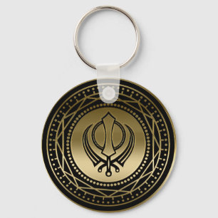 Dekoratives Khanda-Symbol Gold auf schwarz Schlüsselanhänger
